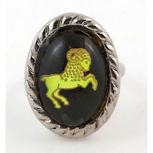 Zodiak Aries Ram Hologram Bubble Adjustable Ring - Black, Neon & Silver Tone